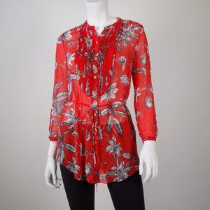 Anthropologie Cattleya Pintuck Silk Tunic | Red Passiflora Motif | Size 2
